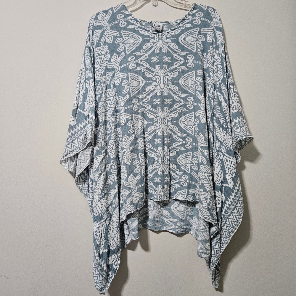Back From Bali Women Blue White Tribal Print Poncho Rayon One Size Top Cover Up